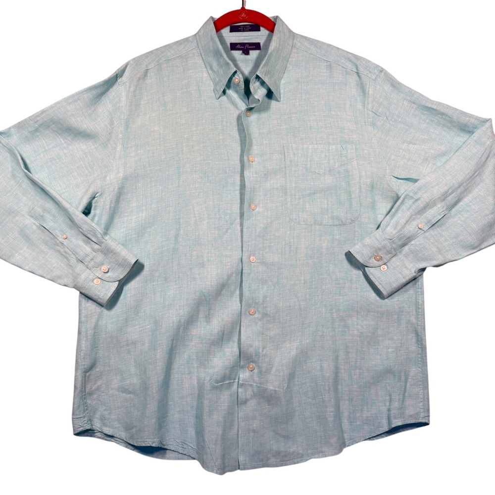 Alan Flusser Button Down‎ Shirt Mens L Light Blue 100% Linen Long Sleeve Coastal